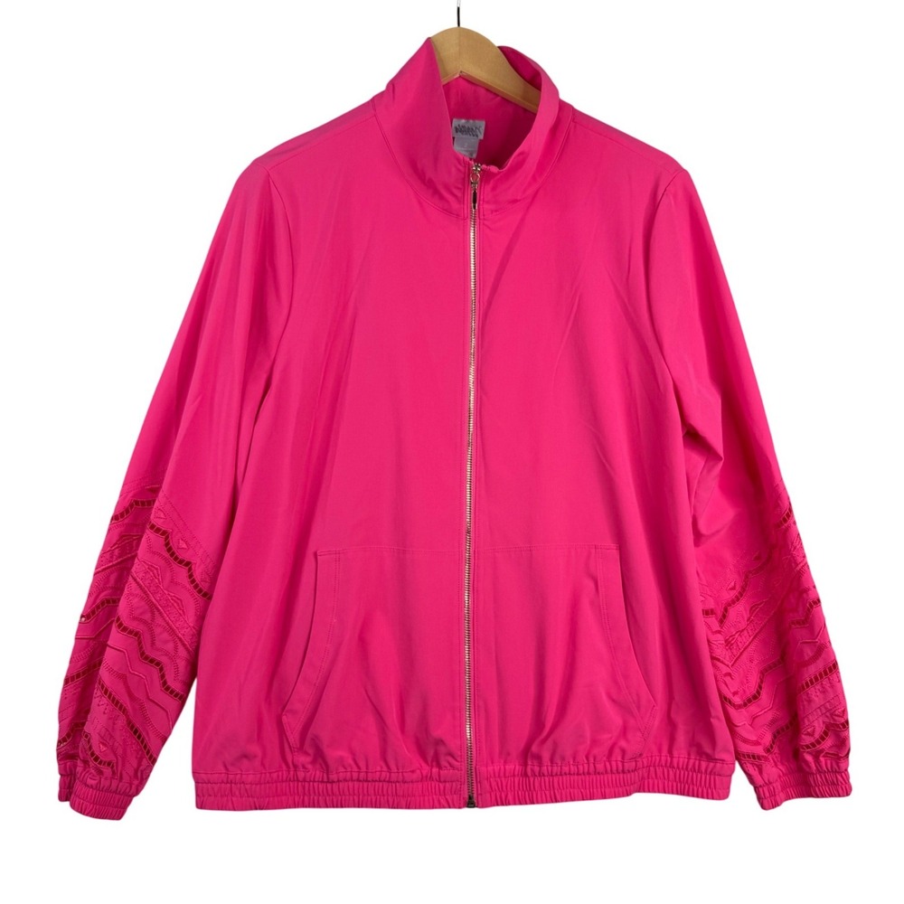 Chico's Zenergy Azalea Cutout Floral Full Zip Jacket size 2 US 12/14 Pink